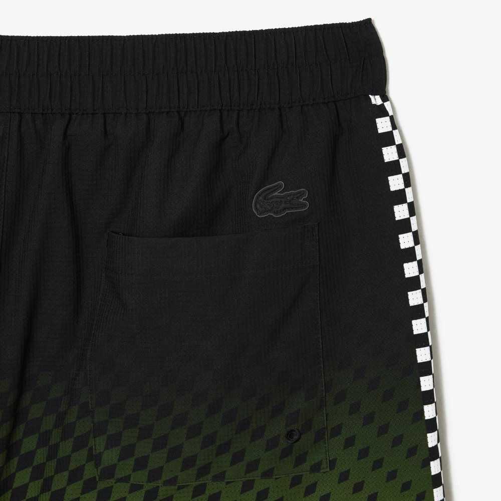 Lacoste Two-Tone Checkerboard Print Swim Trunks Black / Yellow | WOV-508134