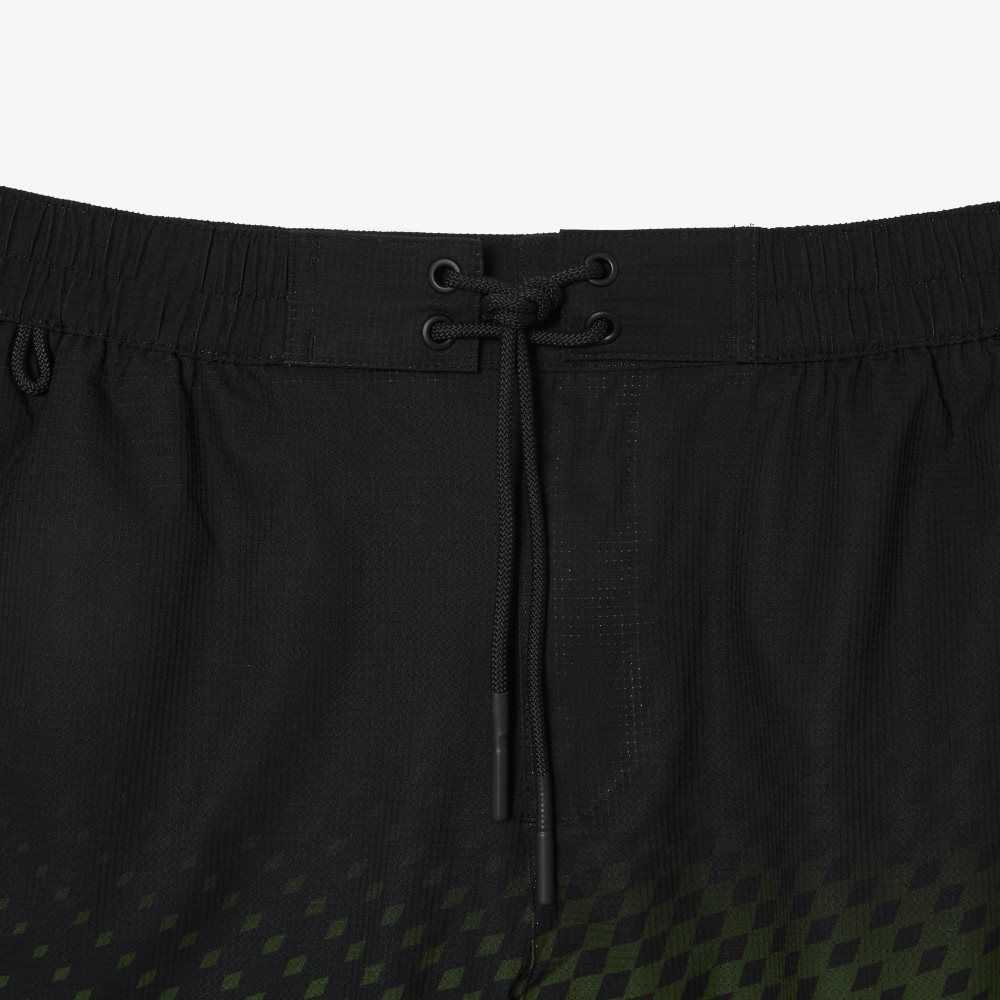 Lacoste Two-Tone Checkerboard Print Swim Trunks Black / Yellow | WOV-508134