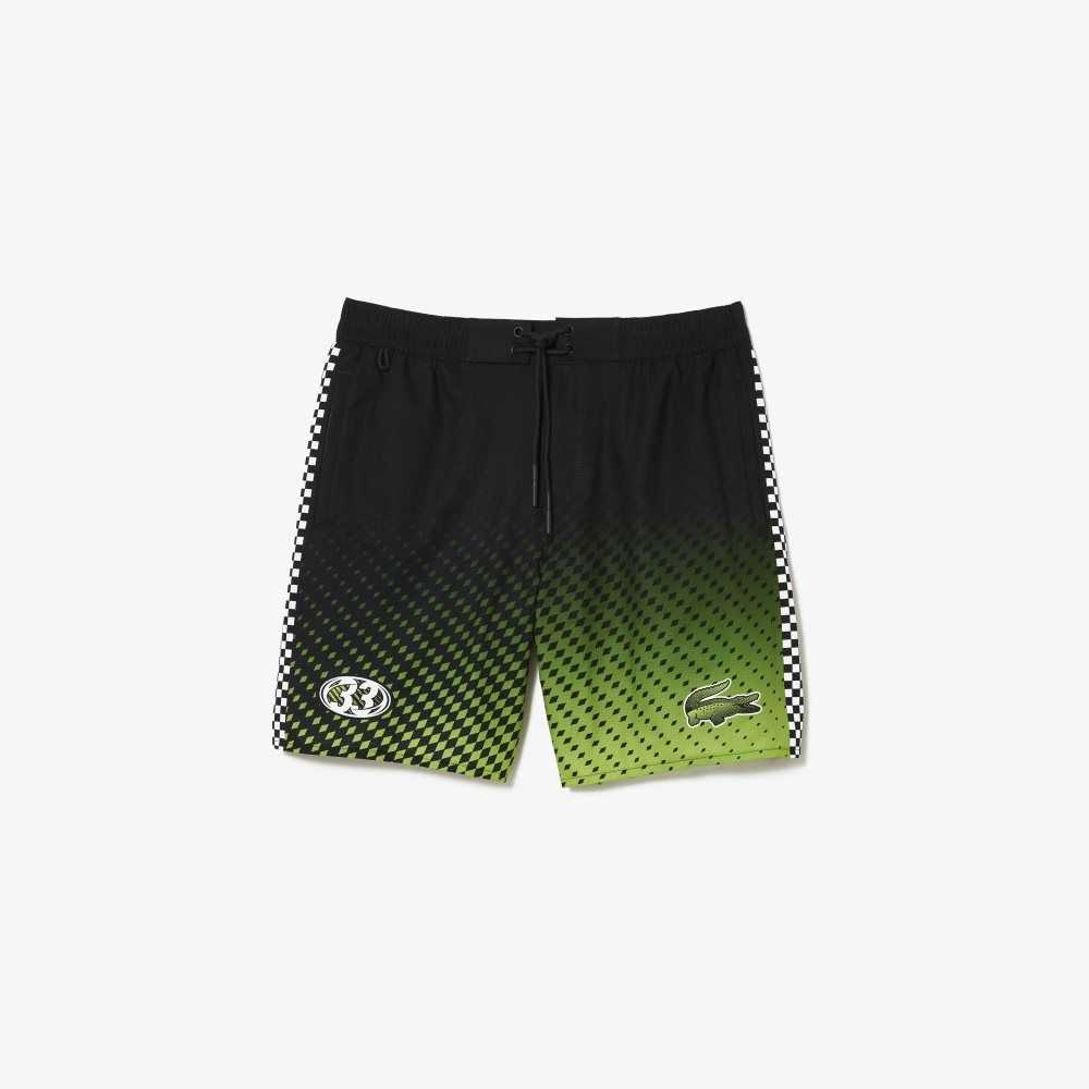 Lacoste Two-Tone Checkerboard Print Swim Trunks Black / Yellow | WOV-508134