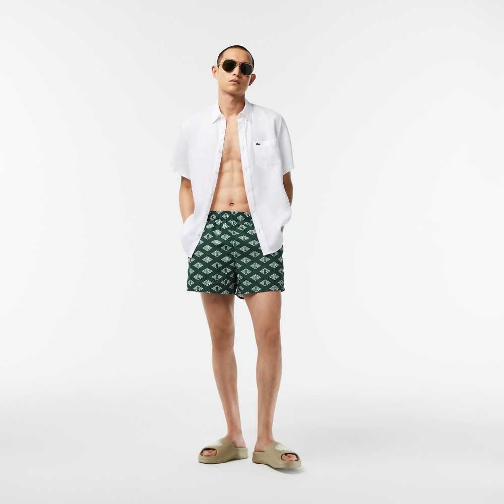 Lacoste Two-Tone Monogram Print Swim Trunks Green / White | GUJ-078694