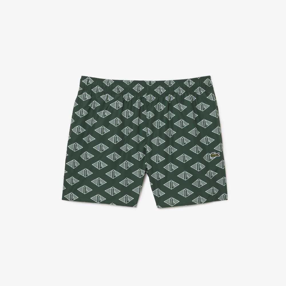 Lacoste Two-Tone Monogram Print Swim Trunks Green / White | GUJ-078694