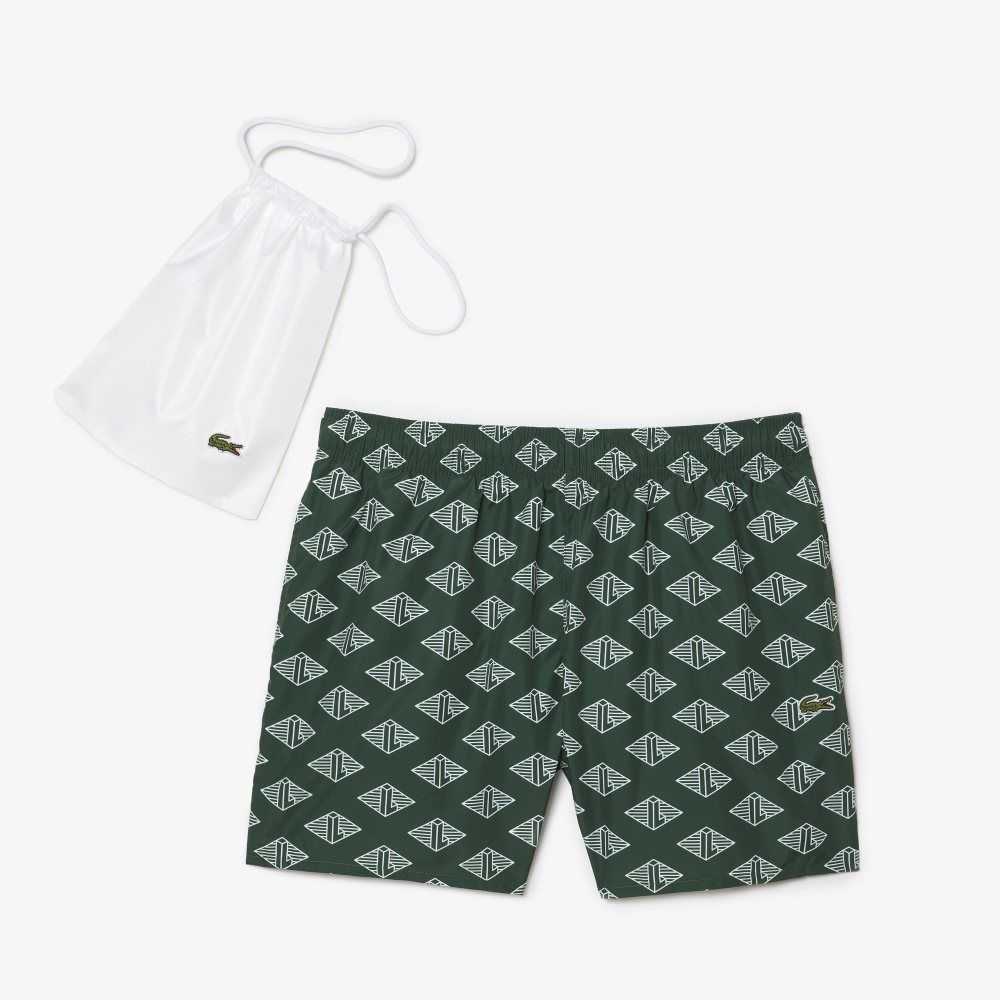 Lacoste Two-Tone Monogram Print Swim Trunks Green / White | GUJ-078694