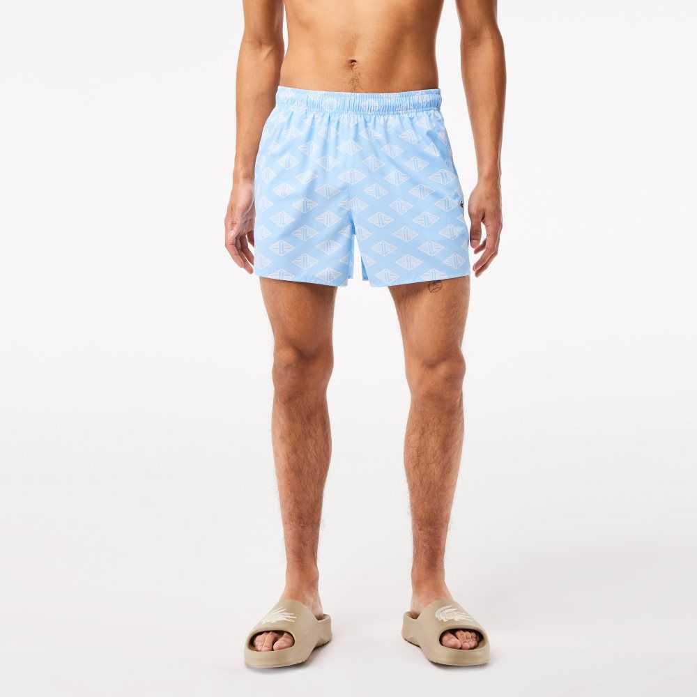 Lacoste Two-Tone Monogram Print Swim Trunks Blue / White | HJF-806395