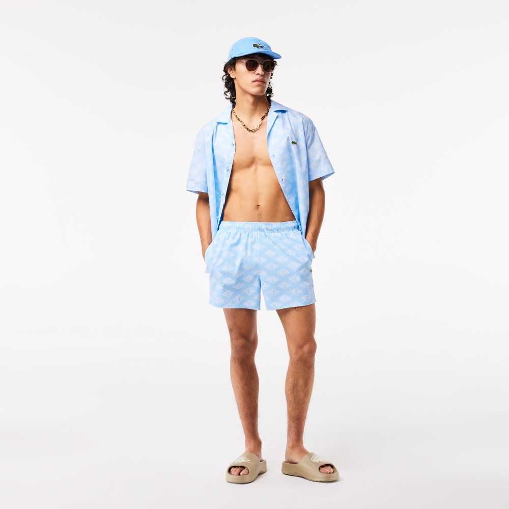 Lacoste Two-Tone Monogram Print Swim Trunks Blue / White | HJF-806395