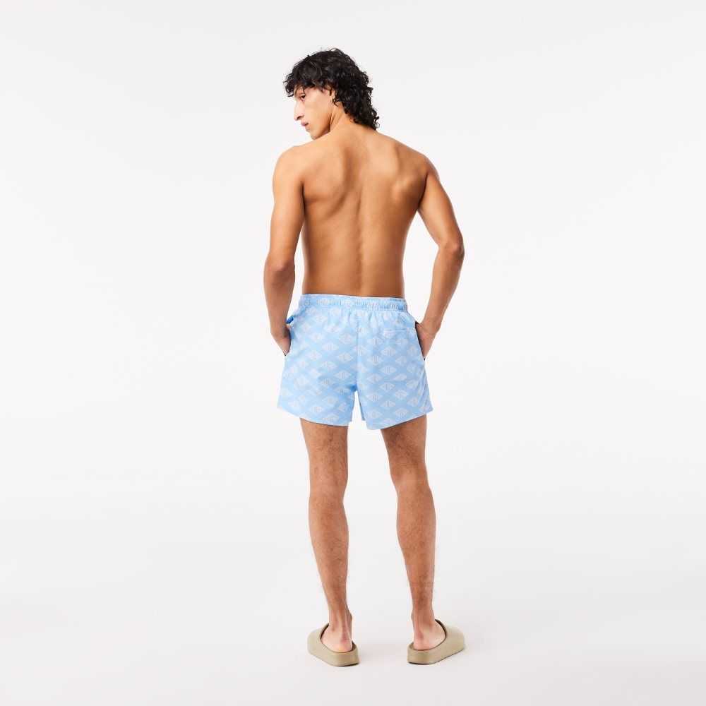 Lacoste Two-Tone Monogram Print Swim Trunks Blue / White | HJF-806395