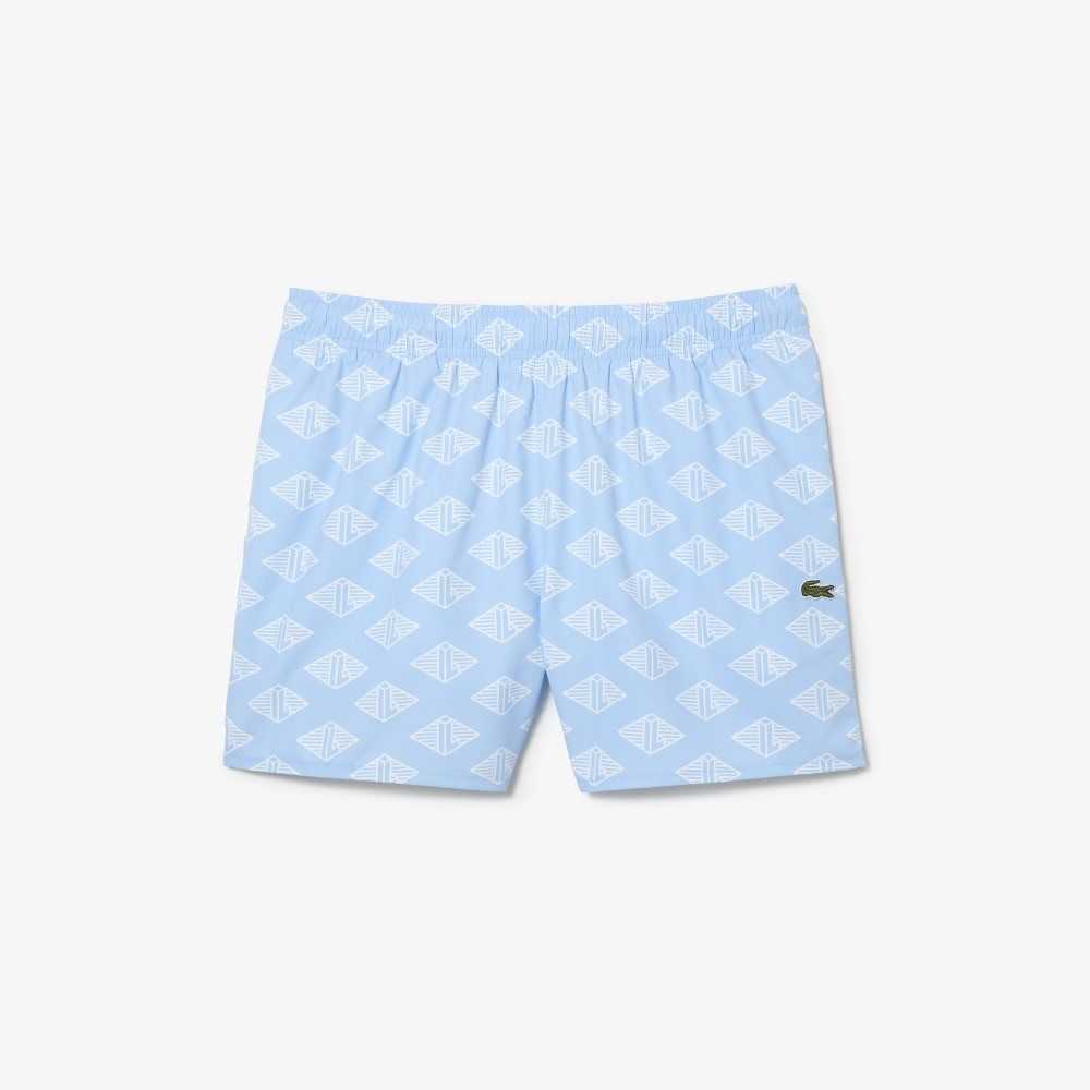 Lacoste Two-Tone Monogram Print Swim Trunks Blue / White | HJF-806395