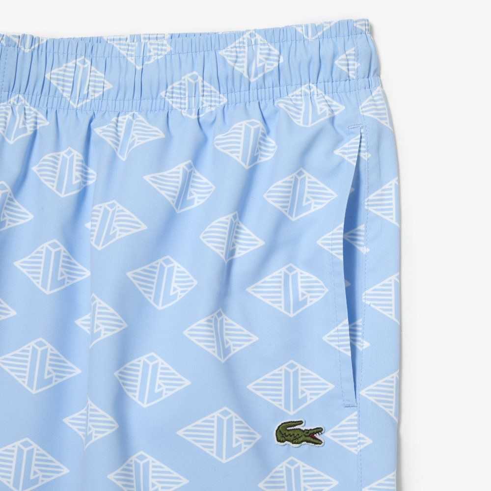 Lacoste Two-Tone Monogram Print Swim Trunks Blue / White | HJF-806395