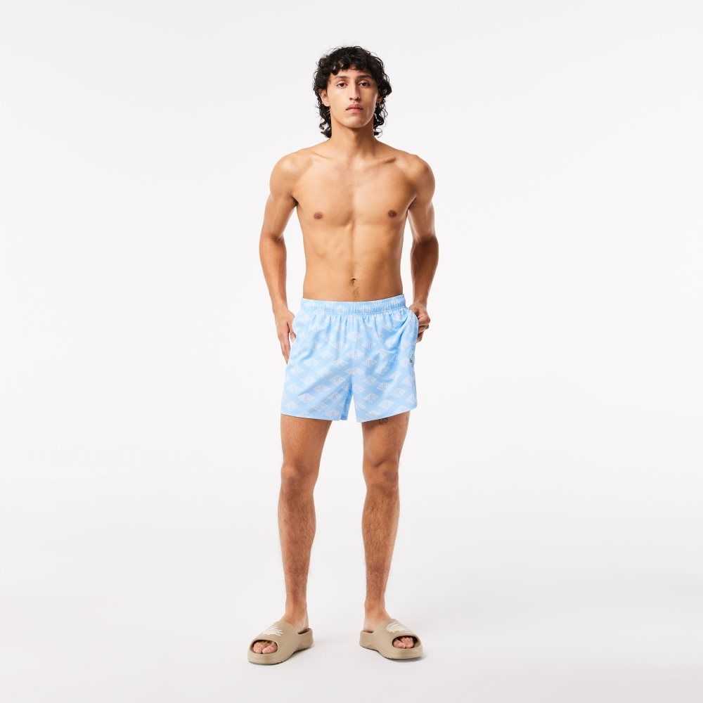 Lacoste Two-Tone Monogram Print Swim Trunks Blue / White | HJF-806395