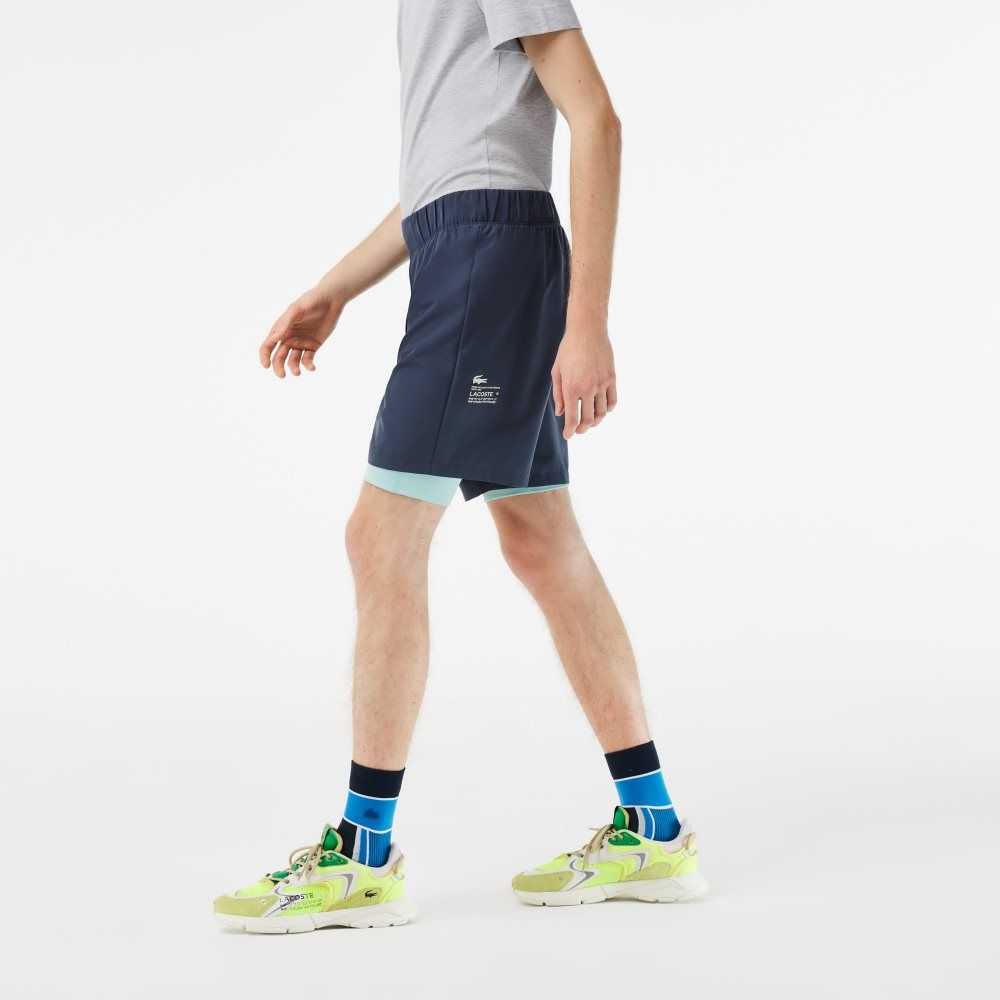 Lacoste Two-Tone SPORT Shorts with Built-in Undershorts Blue / Light Green | LXM-193628