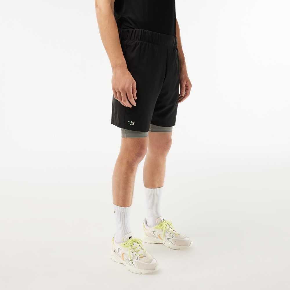 Lacoste Two-Tone SPORT Shorts with Built-in Undershorts Black / Grey Chine | TUJ-167280