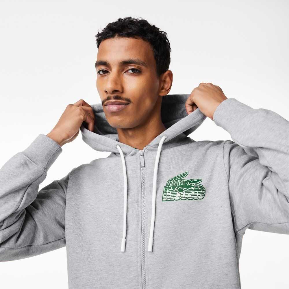 Lacoste Unbrushed Fleece Zipped Hoodie Grey Chine | RDI-724819