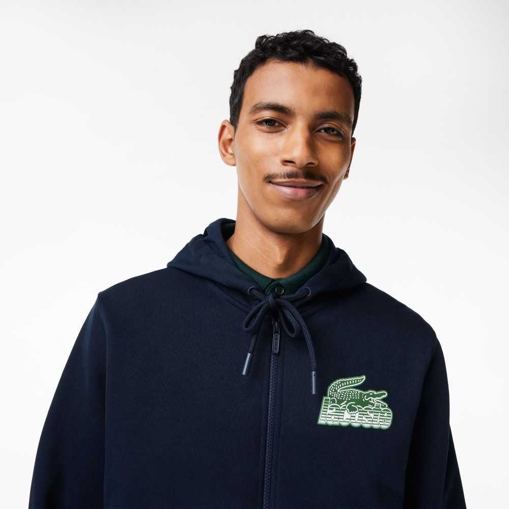 Lacoste Unbrushed Fleece Zipped Hoodie Navy Blue | PVM-843562