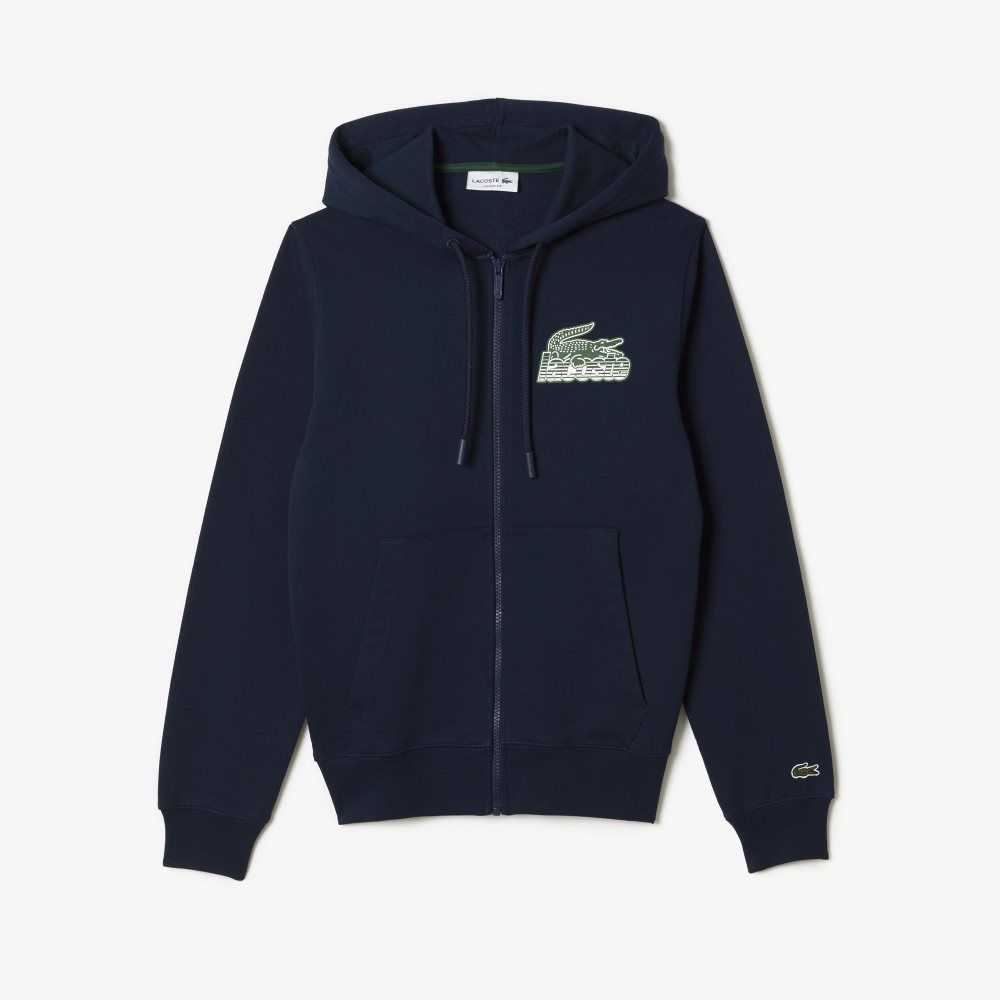 Lacoste Unbrushed Fleece Zipped Hoodie Navy Blue | PVM-843562