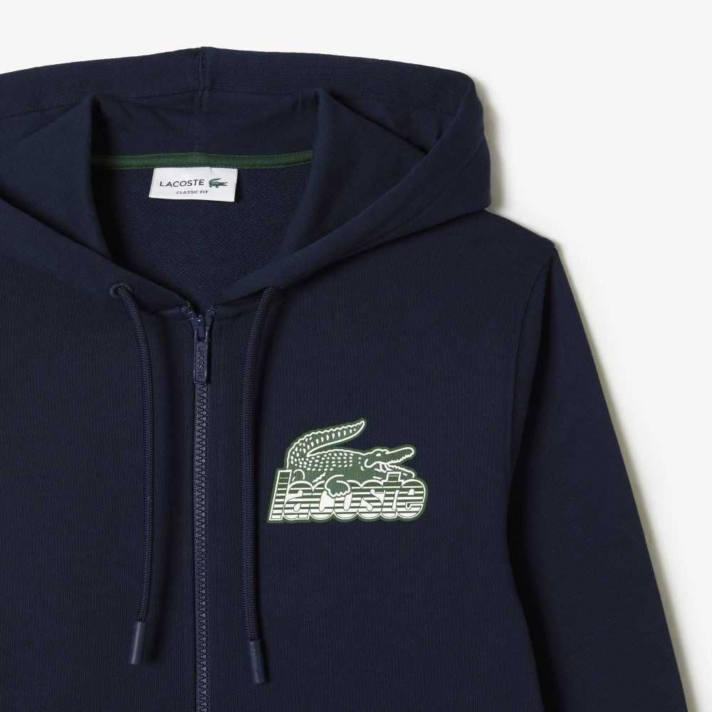 Lacoste Unbrushed Fleece Zipped Hoodie Navy Blue | PVM-843562