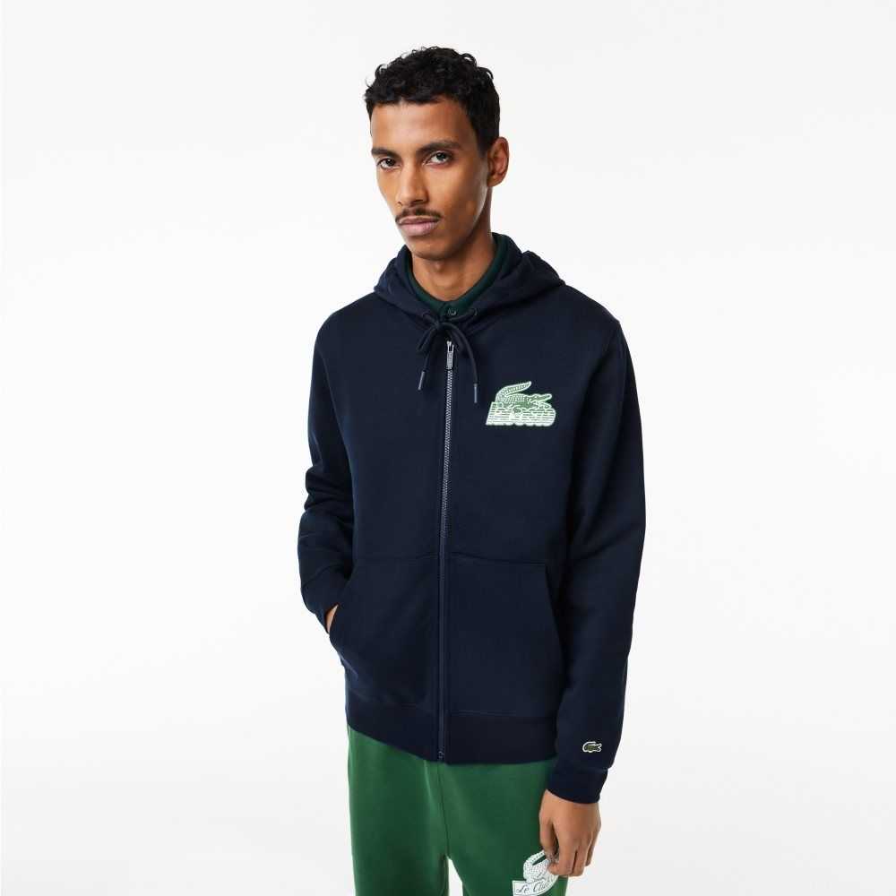 Lacoste Unbrushed Fleece Zipped Hoodie Navy Blue | PVM-843562