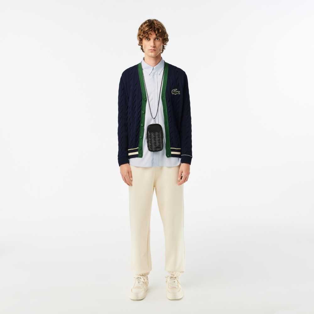 Lacoste V-Neck Cable Knit Organic Cotton Cardigan Navy Blue / White | KAN-910486