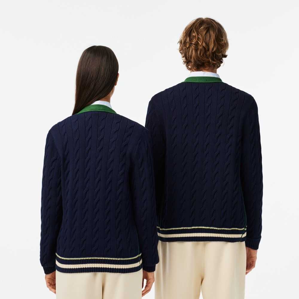 Lacoste V-Neck Cable Knit Organic Cotton Cardigan Navy Blue / White | KAN-910486