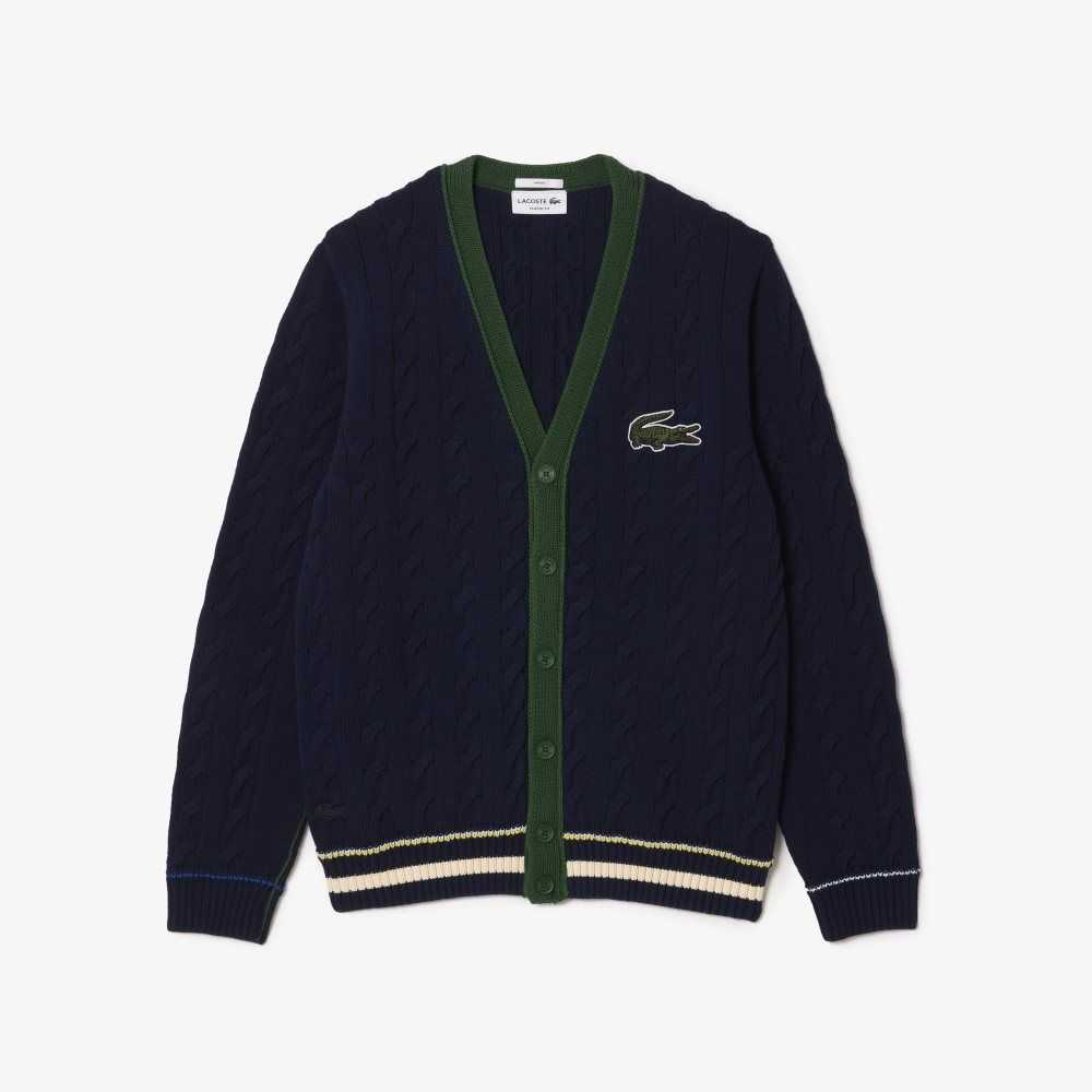 Lacoste V-Neck Cable Knit Organic Cotton Cardigan Navy Blue / White | KAN-910486