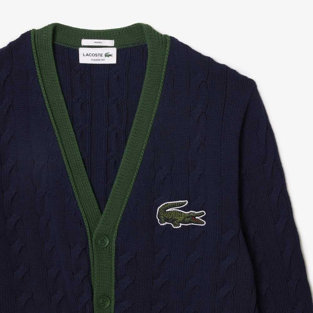 Lacoste V-Neck Cable Knit Organic Cotton Cardigan Navy Blue / White | KAN-910486