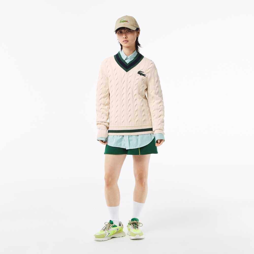 Lacoste V-Neck Cable Knit Sweater in Organic Cotton White | AMX-567289