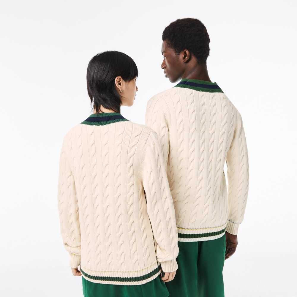 Lacoste V-Neck Cable Knit Sweater in Organic Cotton White | AMX-567289