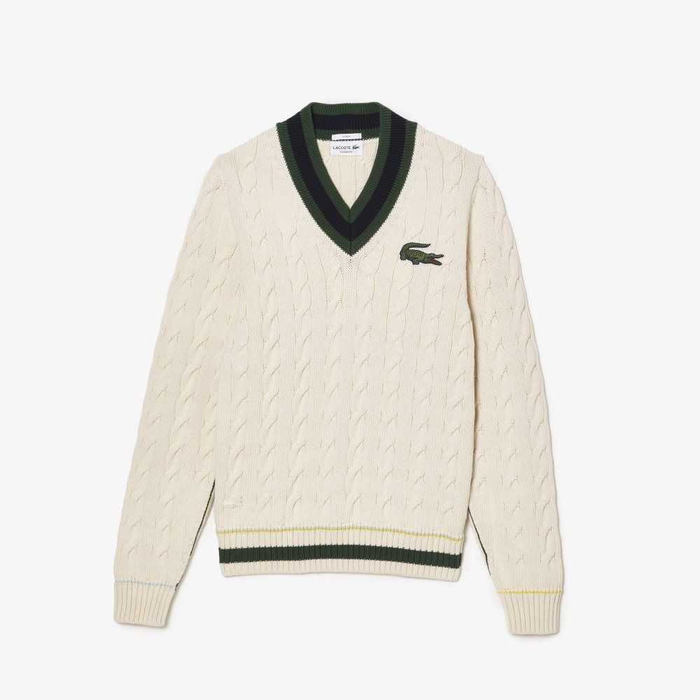 Lacoste V-Neck Cable Knit Sweater in Organic Cotton White | AMX-567289