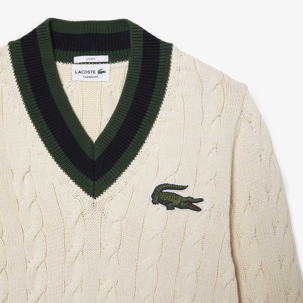 Lacoste V-Neck Cable Knit Sweater in Organic Cotton White | AMX-567289