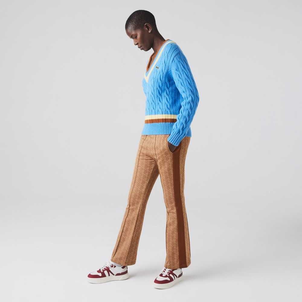 Lacoste V-Neck Cable Knit Wool Sweater Blue / Yellow / Brown | CUO-049751