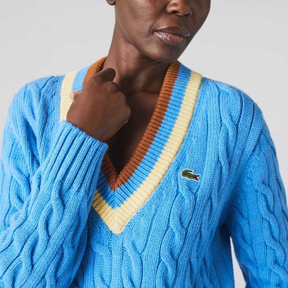 Lacoste V-Neck Cable Knit Wool Sweater Blue / Yellow / Brown | CUO-049751