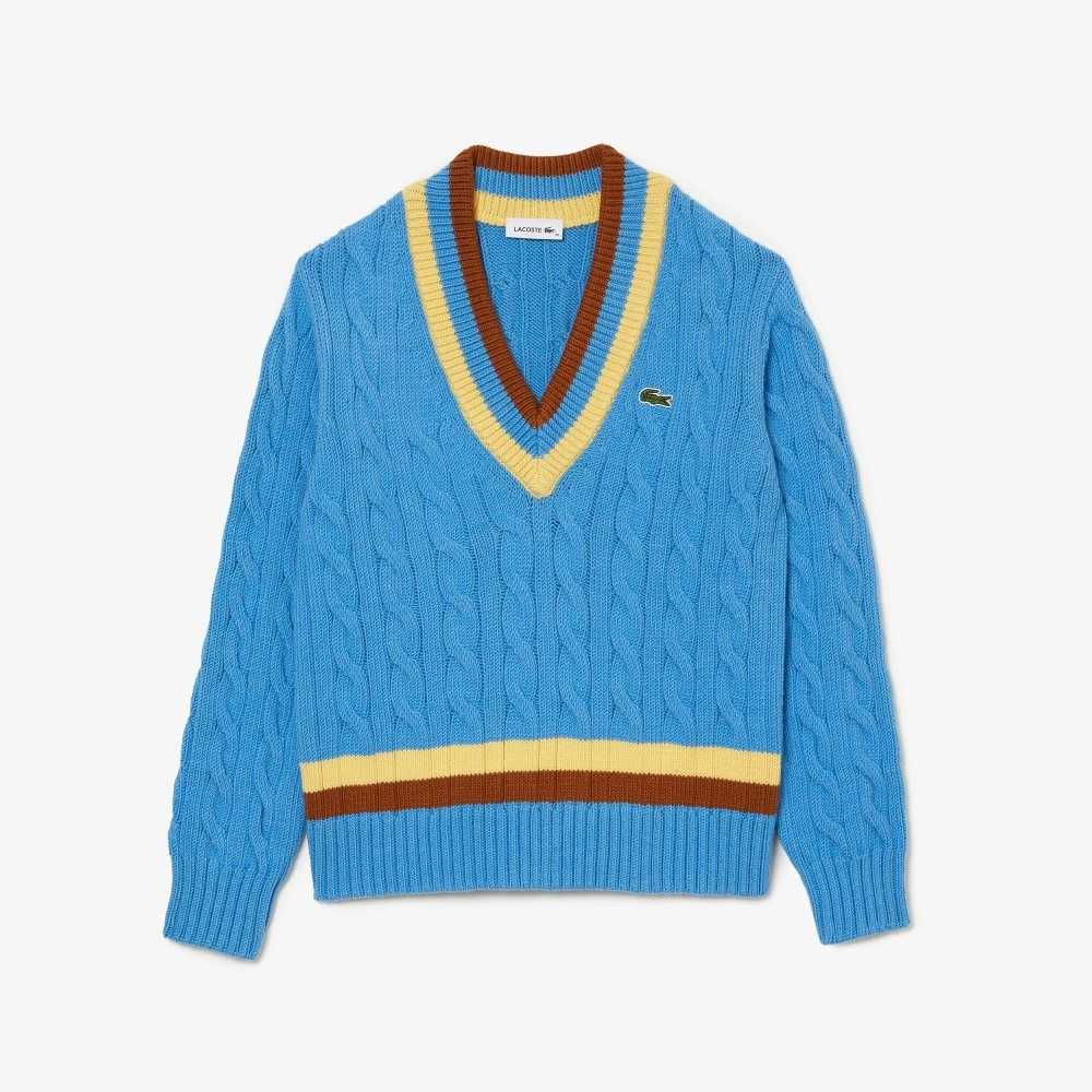 Lacoste V-Neck Cable Knit Wool Sweater Blue / Yellow / Brown | CUO-049751