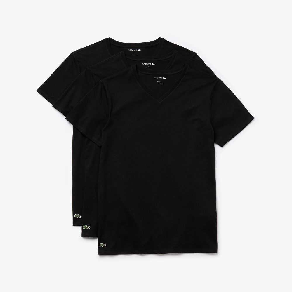 Lacoste V-Neck Cotton Lounge T-Shirt 3-Pack Black | VXG-397150