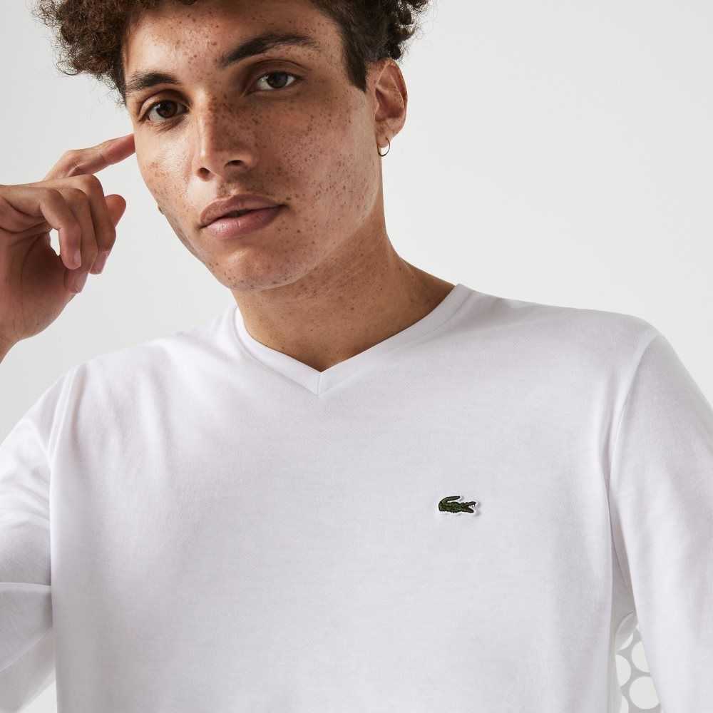 Lacoste V-Neck Lightweight Pima Cotton Jersey T-Shirt White | BKN-374965