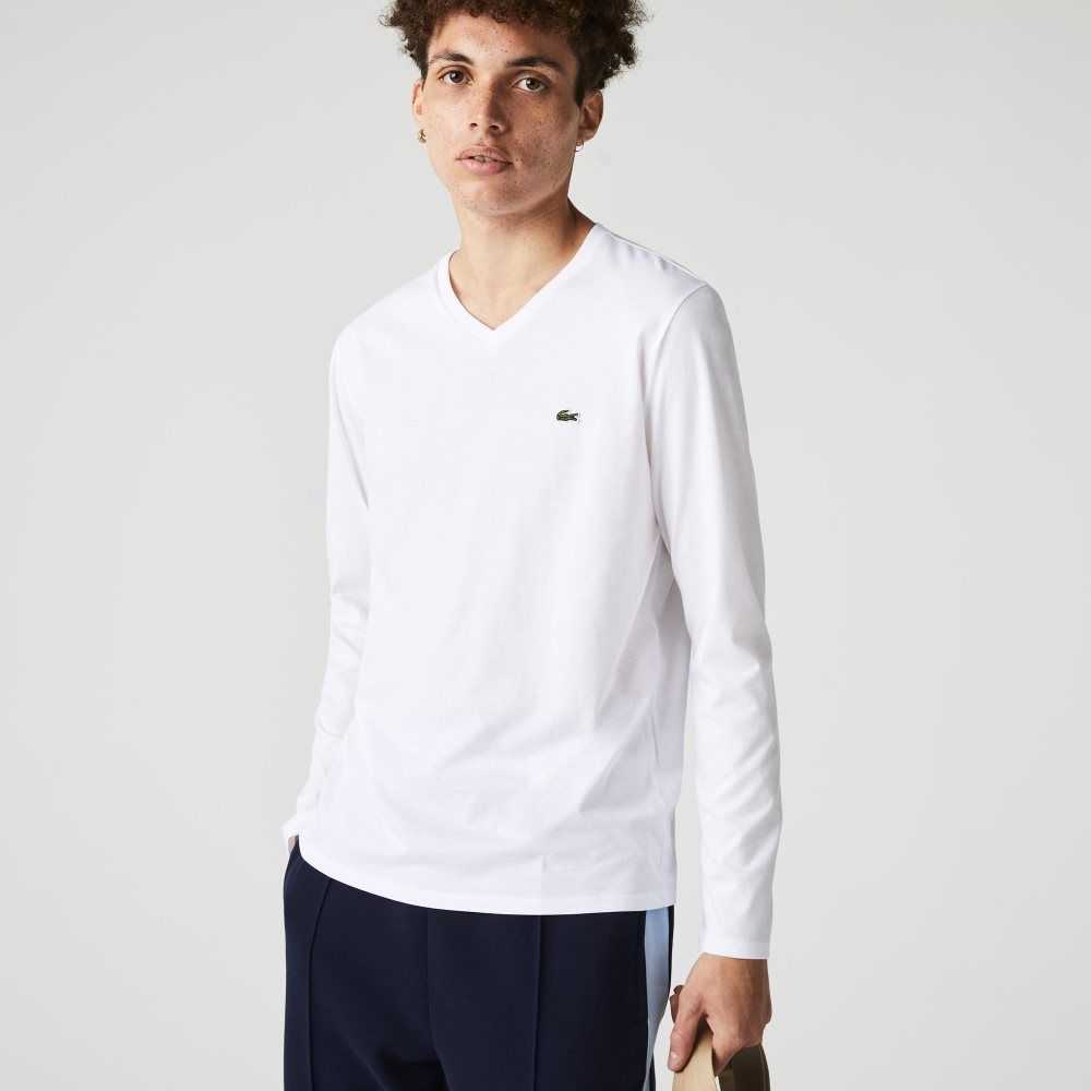 Lacoste V-Neck Lightweight Pima Cotton Jersey T-Shirt White | BKN-374965