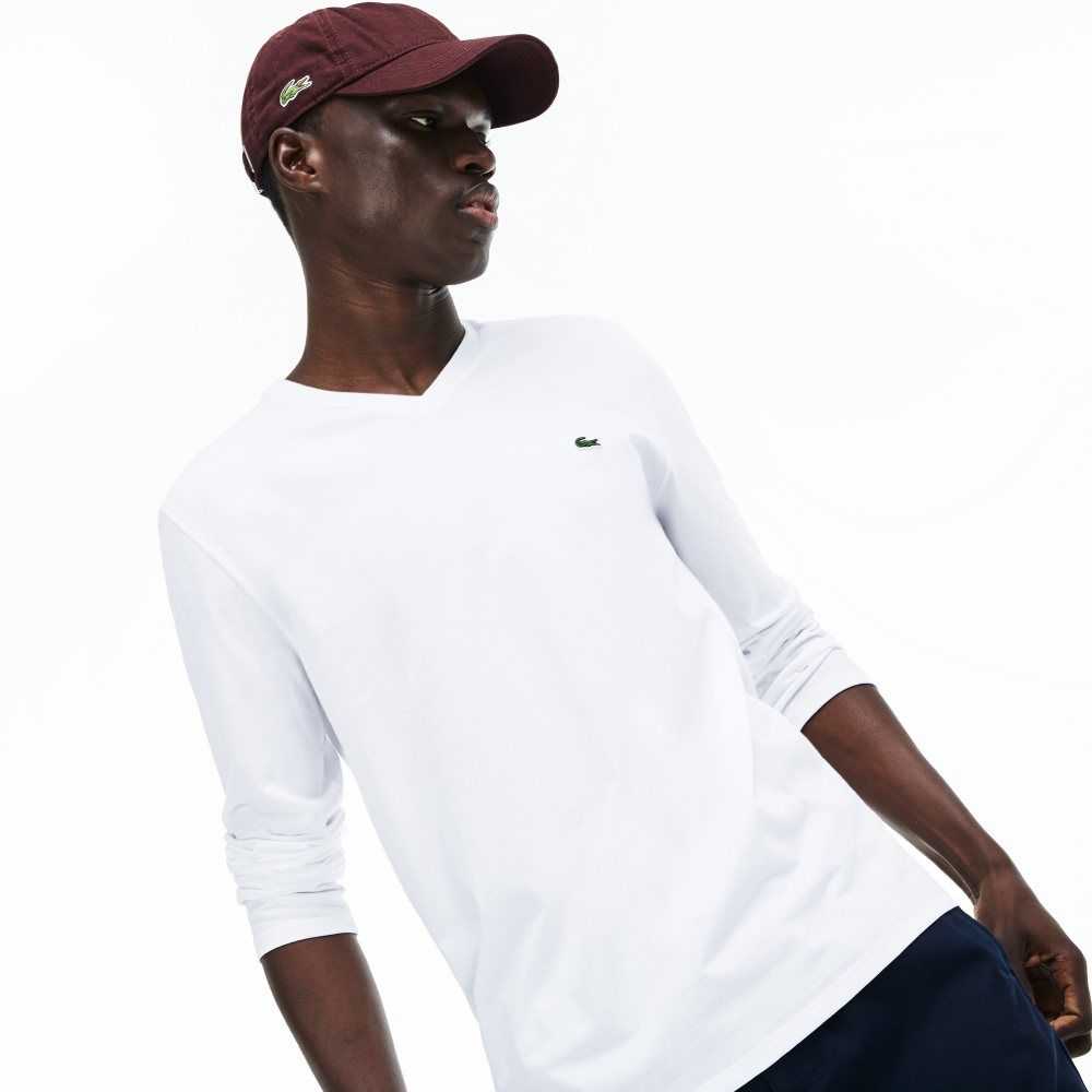 Lacoste V-Neck Lightweight Pima Cotton Jersey T-Shirt White | BKN-374965