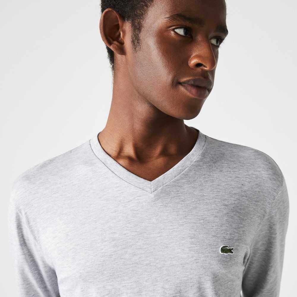 Lacoste V-Neck Lightweight Pima Cotton Jersey T-Shirt Grey Chine | OVI-405678