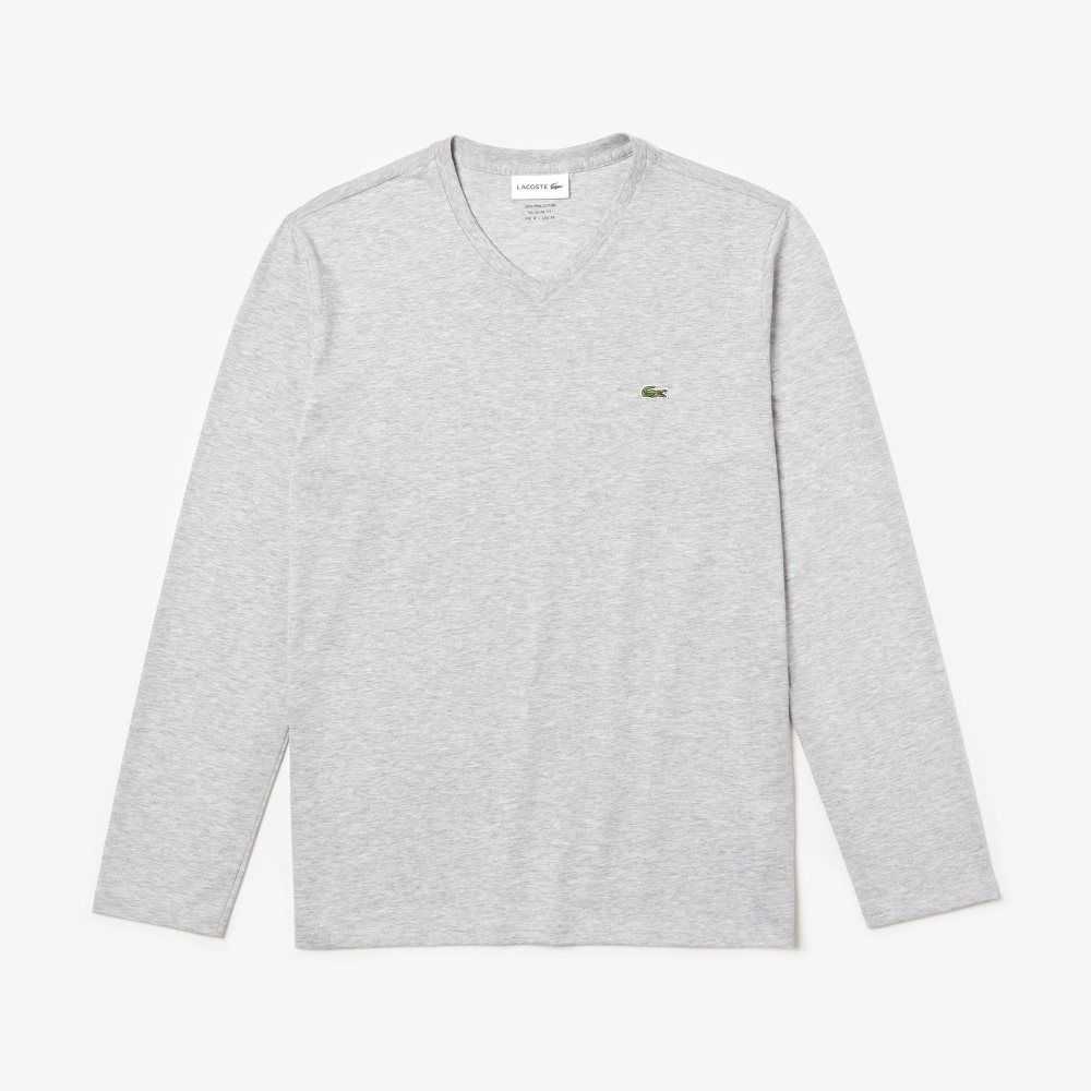 Lacoste V-Neck Lightweight Pima Cotton Jersey T-Shirt Grey Chine | OVI-405678