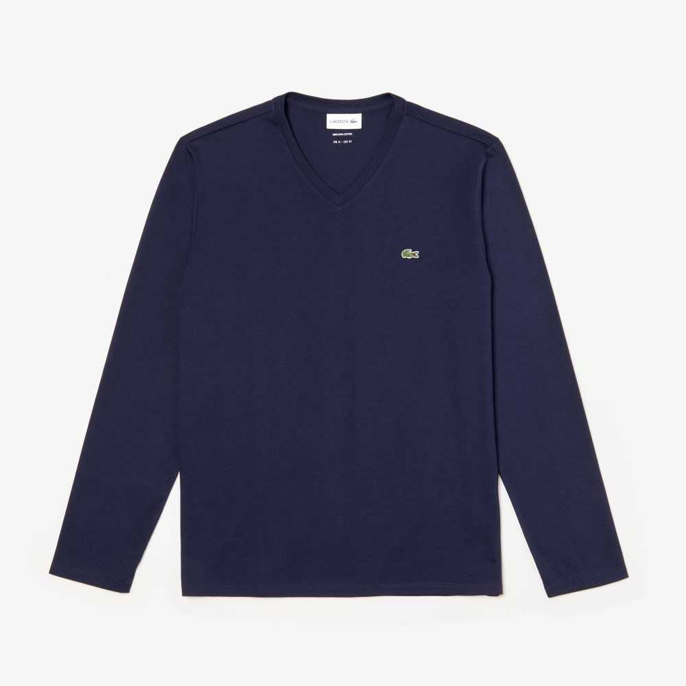 Lacoste V-Neck Lightweight Pima Cotton Jersey T-Shirt Navy Blue | PSQ-413679