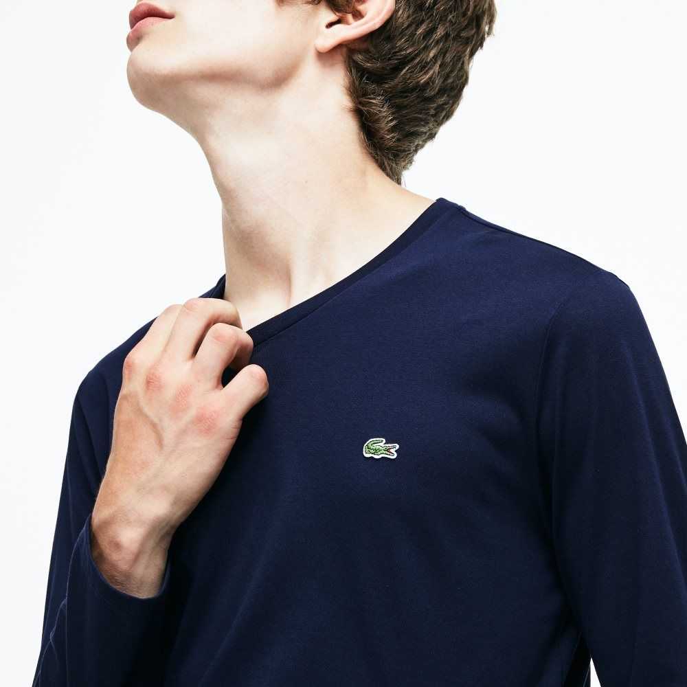 Lacoste V-Neck Lightweight Pima Cotton Jersey T-Shirt Navy Blue | PSQ-413679