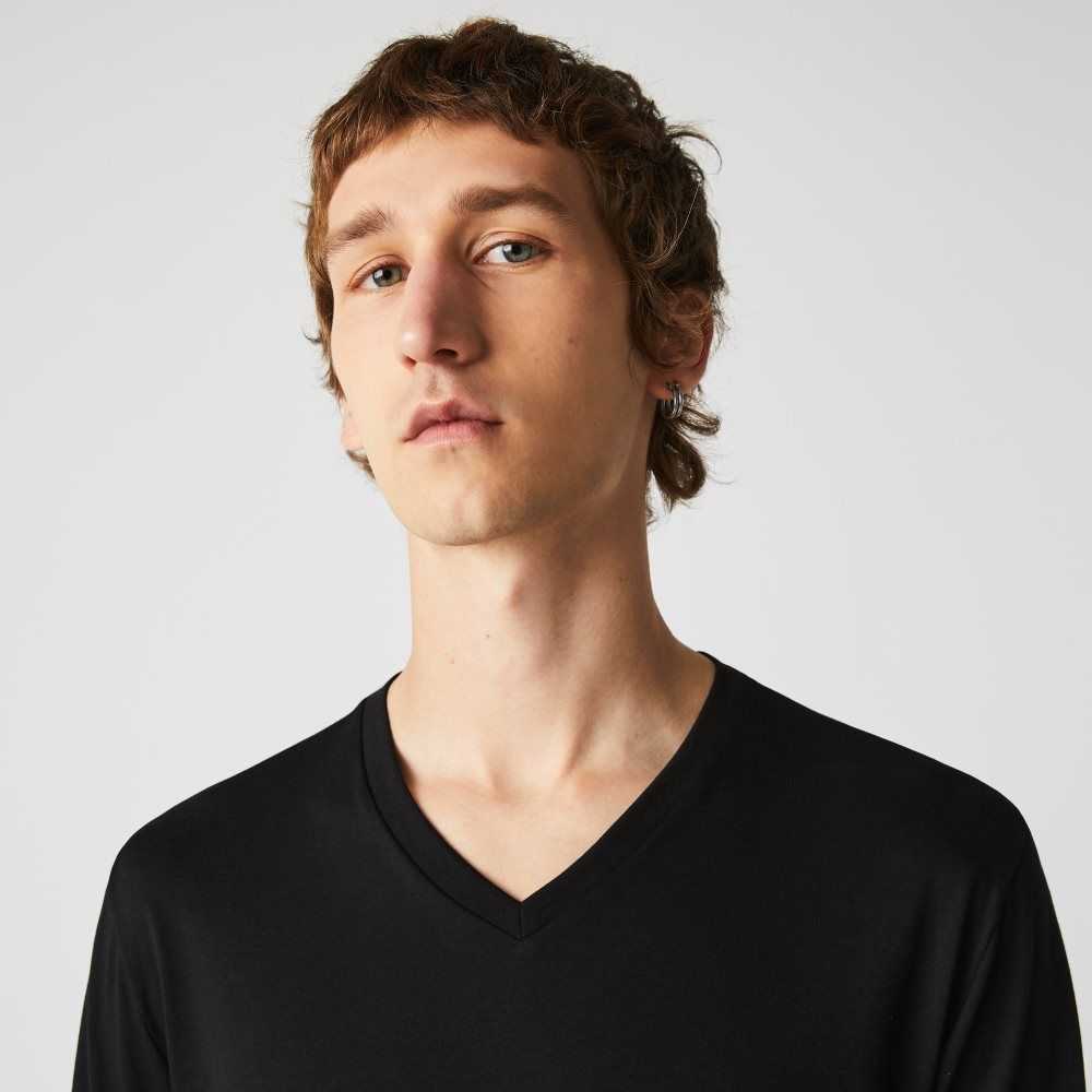 Lacoste V-Neck Lightweight Pima Cotton Jersey T-Shirt Black | ZOJ-653198