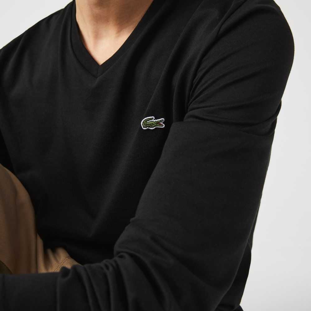 Lacoste V-Neck Lightweight Pima Cotton Jersey T-Shirt Black | ZOJ-653198