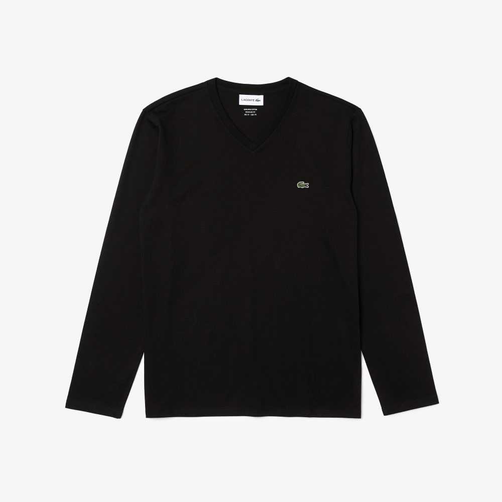 Lacoste V-Neck Lightweight Pima Cotton Jersey T-Shirt Black | ZOJ-653198