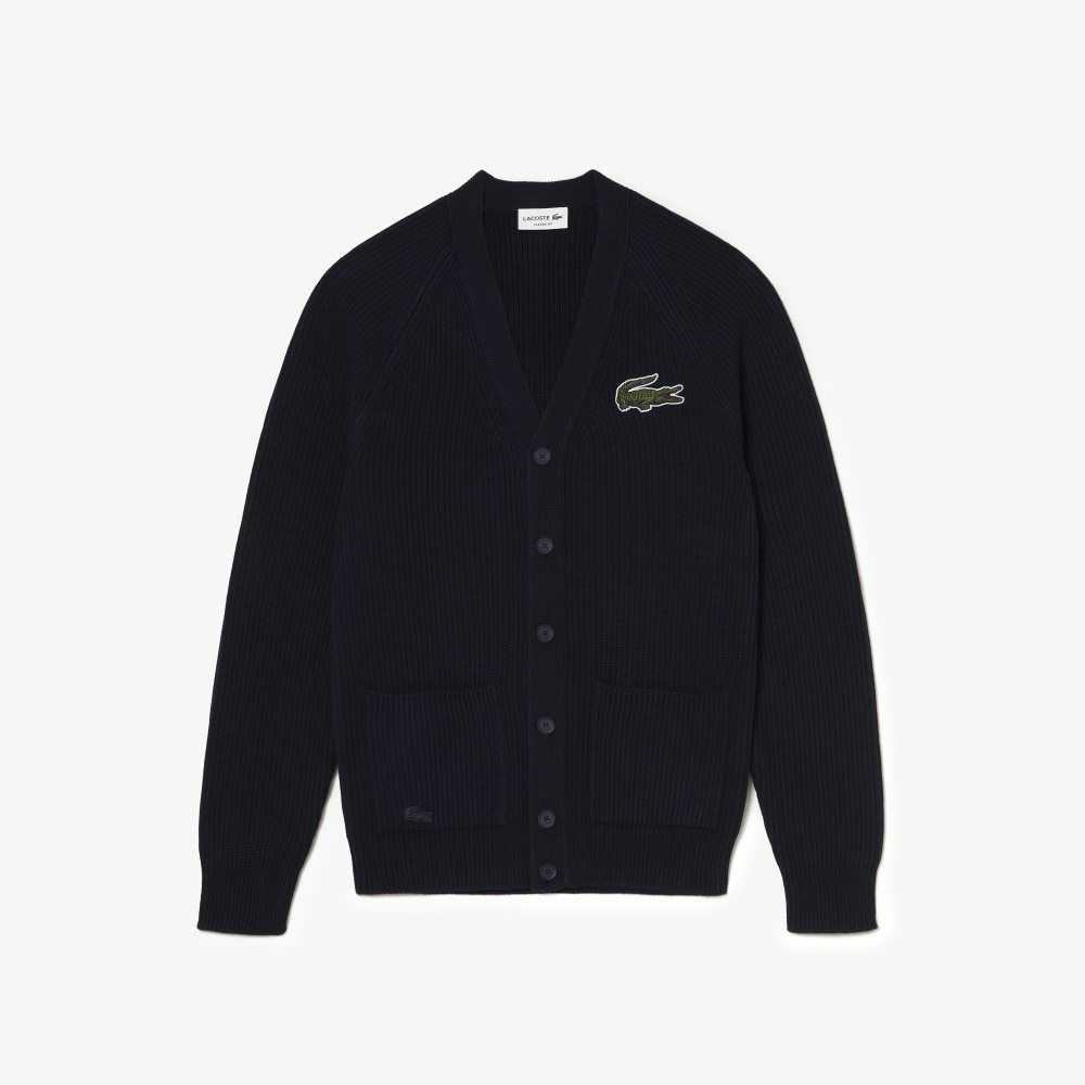 Lacoste V-Neck Organic Cotton Cardigan Navy Blue | HMC-861374