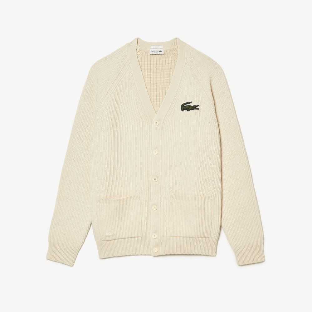 Lacoste V-Neck Organic Cotton Cardigan White | VFB-026435