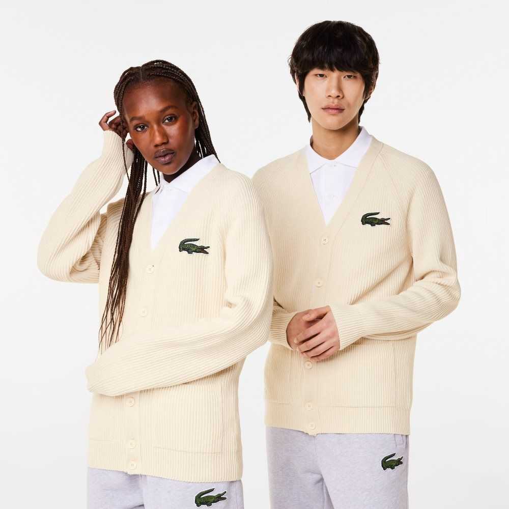 Lacoste V-Neck Organic Cotton Cardigan White | VFB-026435