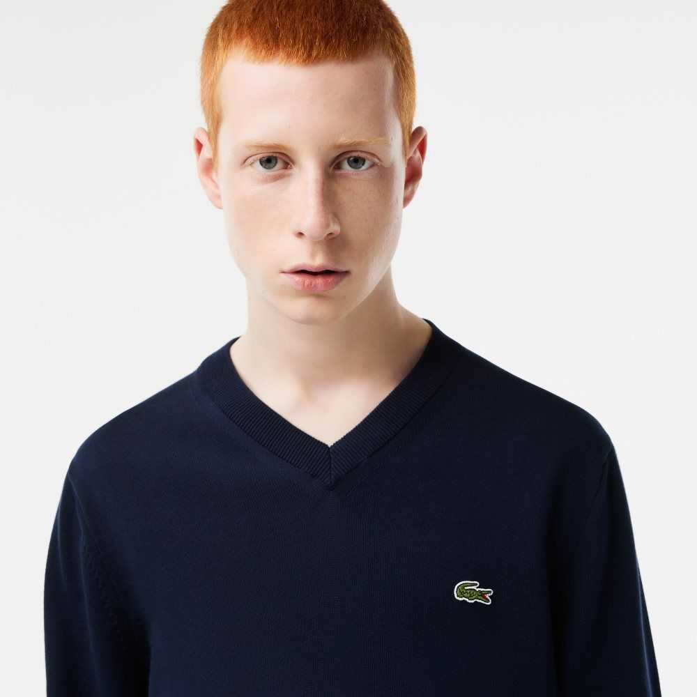 Lacoste V-Neck Organic Cotton Sweater Navy Blue | TMG-458721