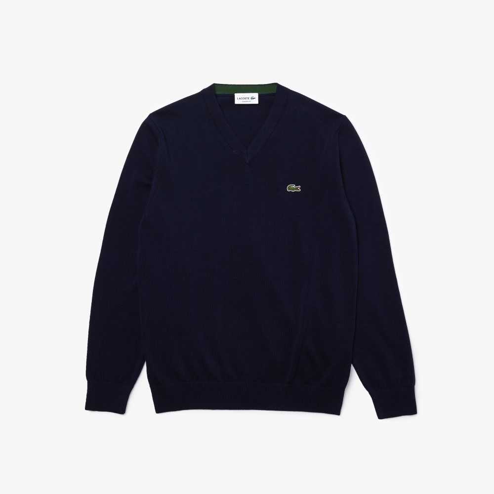 Lacoste V-Neck Organic Cotton Sweater Navy Blue | TMG-458721