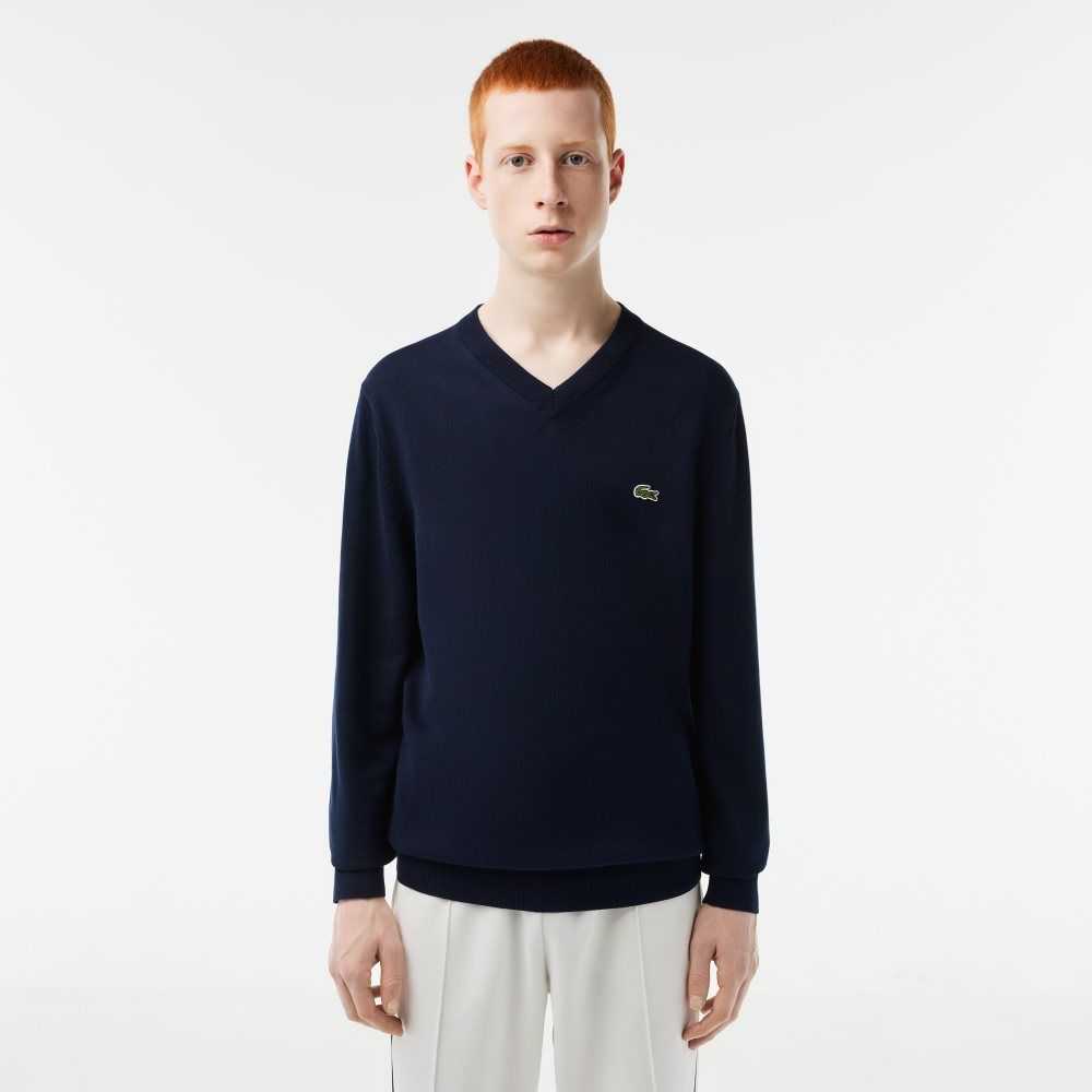 Lacoste V-Neck Organic Cotton Sweater Navy Blue | TMG-458721