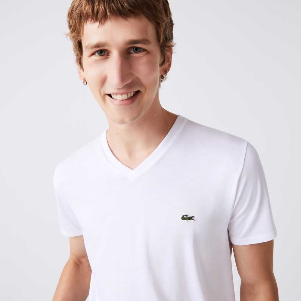 Lacoste V-Neck Pima Cotton Jersey T-Shirt White | CAX-975261