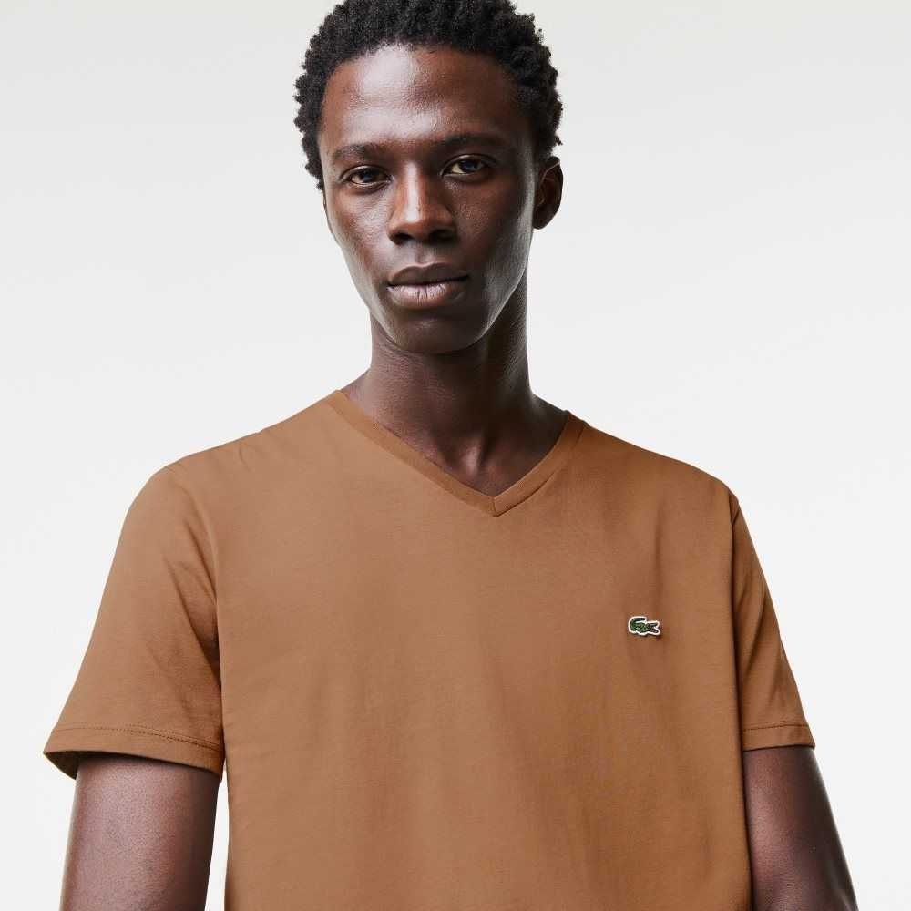 Lacoste V-Neck Pima Cotton Jersey T-Shirt Brown | SHN-640725