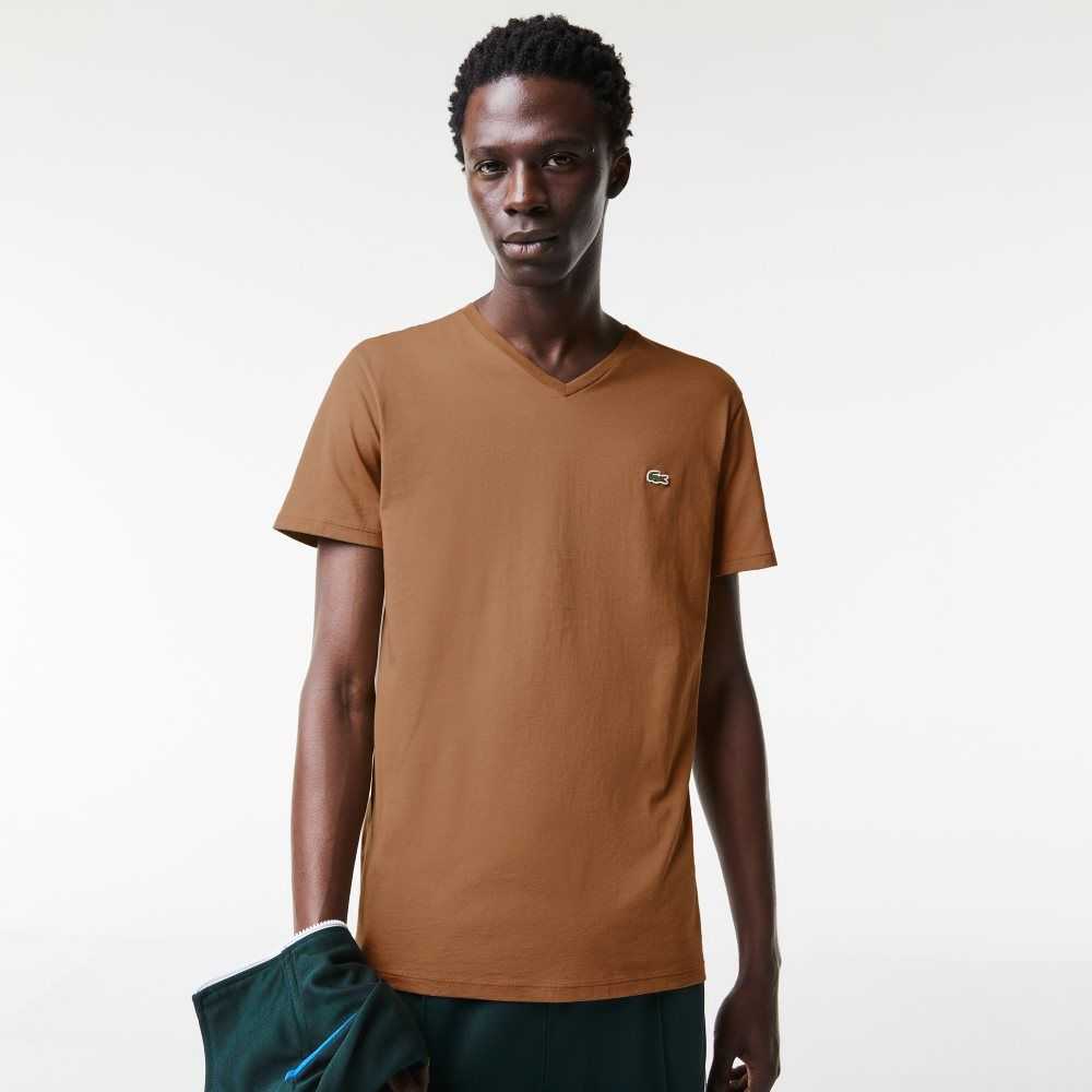 Lacoste V-Neck Pima Cotton Jersey T-Shirt Brown | SHN-640725